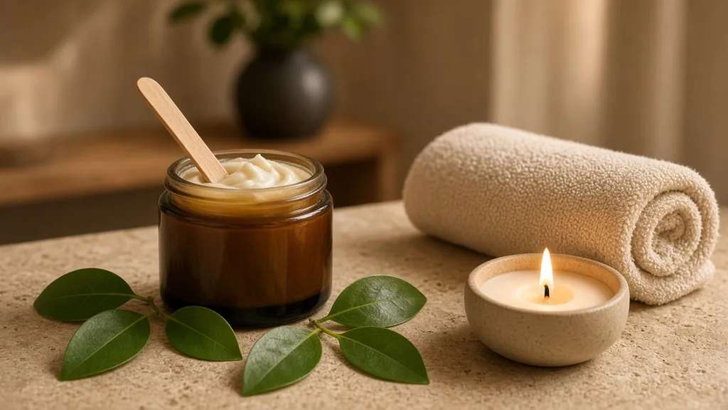 Massage oil bottle and folded towels in a calm treatment room